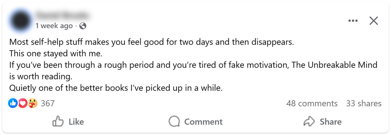 Reader post about The Unbreakable Mind