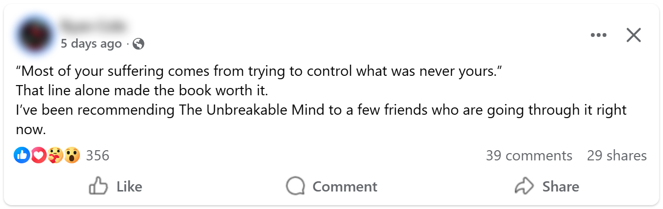 Reader post about The Unbreakable Mind