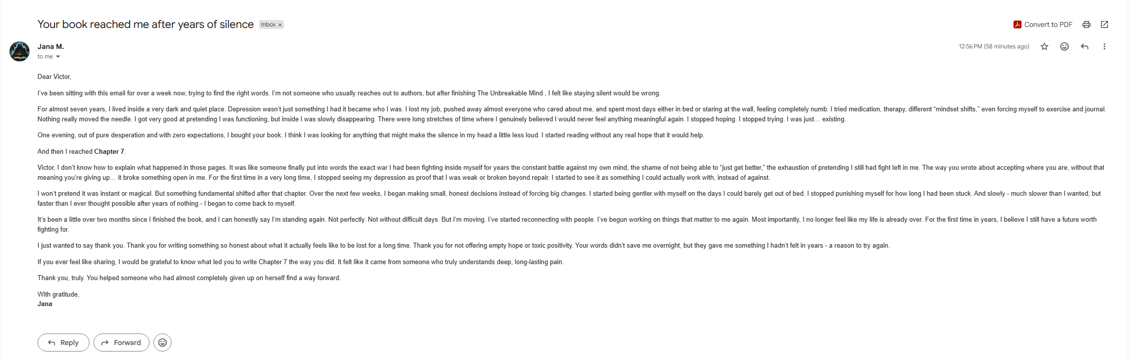 Reader email about The Unbreakable Mind by Victor Kane