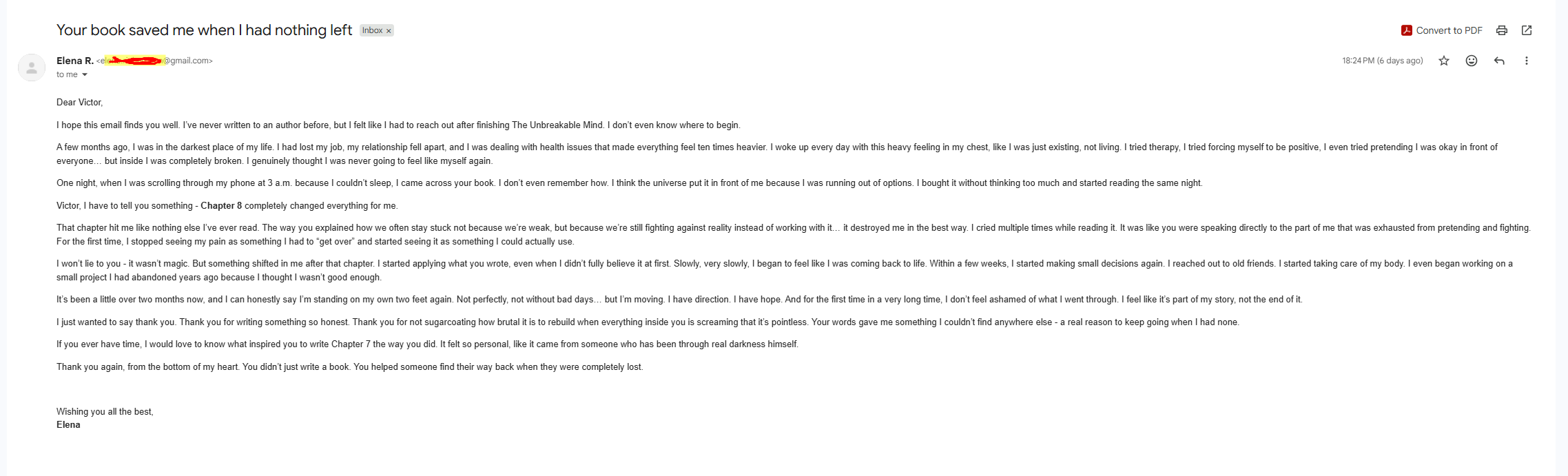 Reader email about The Unbreakable Mind by Victor Kane